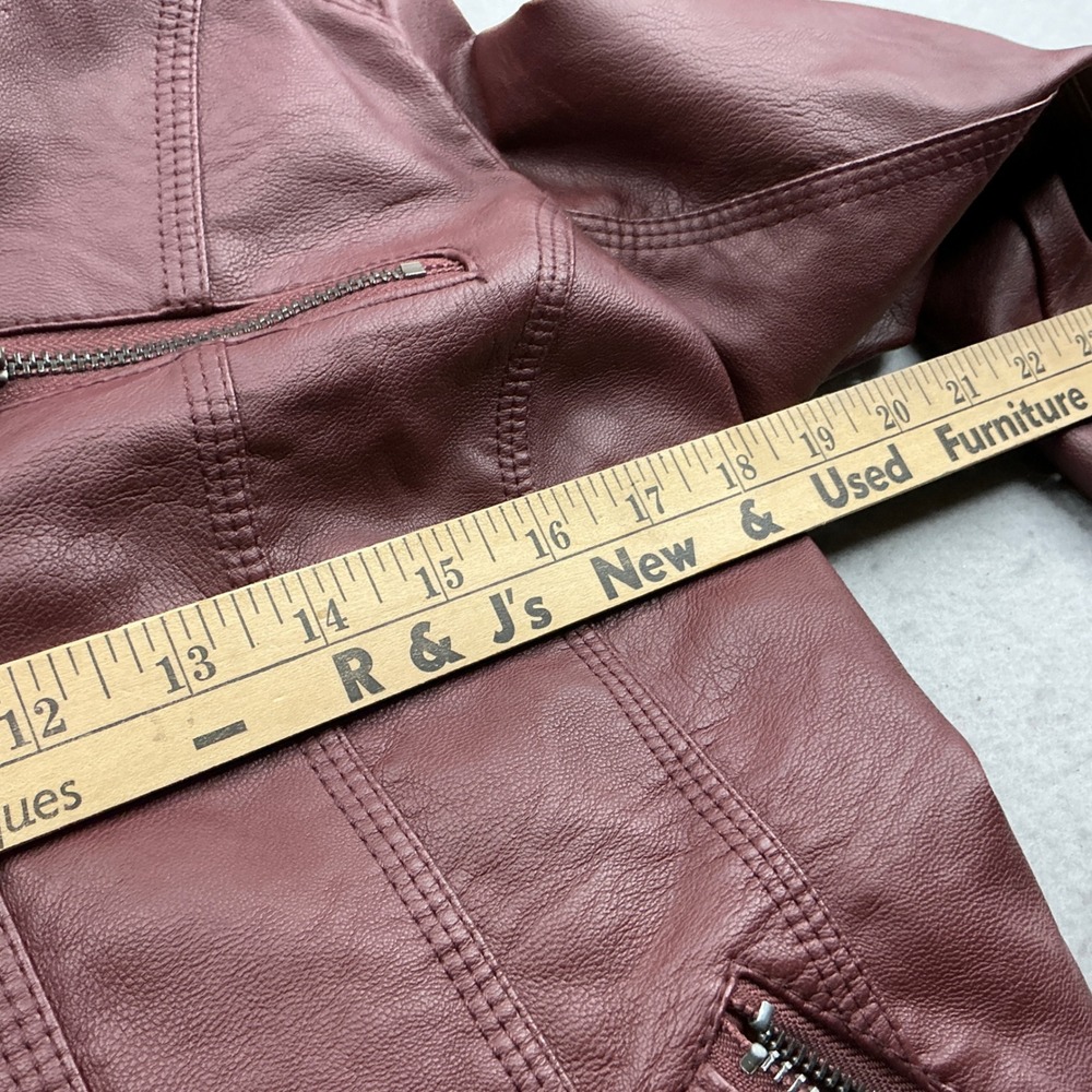 Burgundy Faux Leather Hooded Moto Jacket Faux Fur Lined Pockets Med Streetwear - Picture 9 of 16